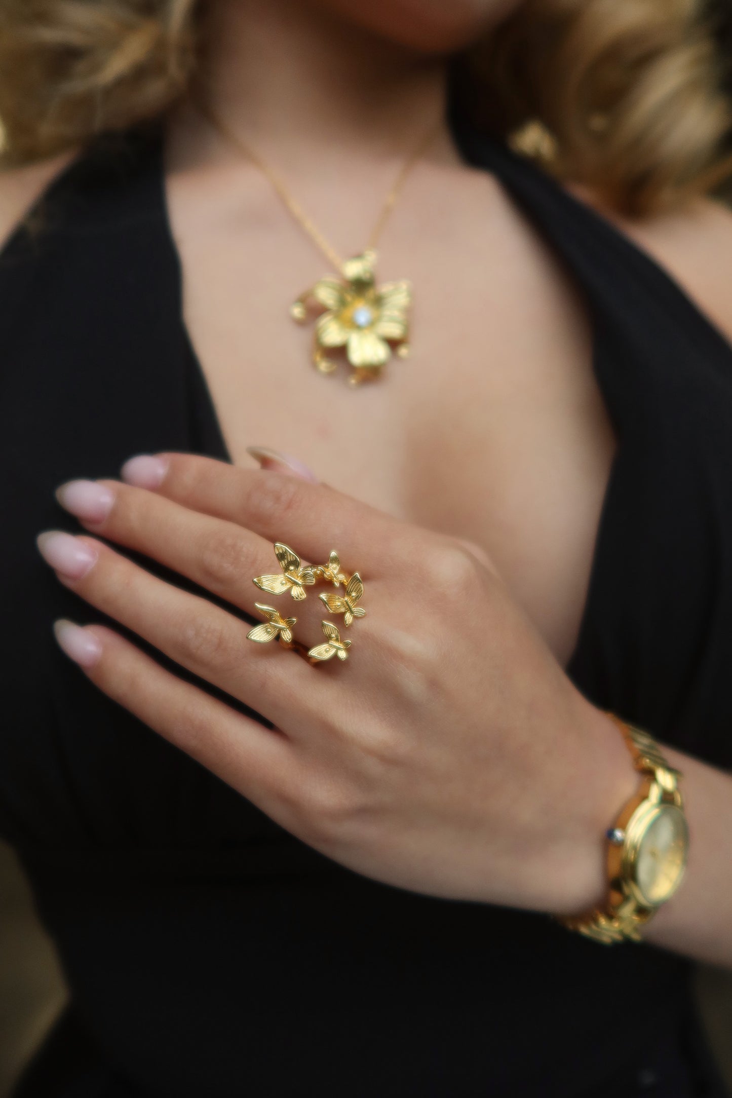 Side angle of Paru Paro Ring, 18K gold plated butterfly ring symbolizing transformation, protection, and Filipino beauty. by DBL JEWELRY.