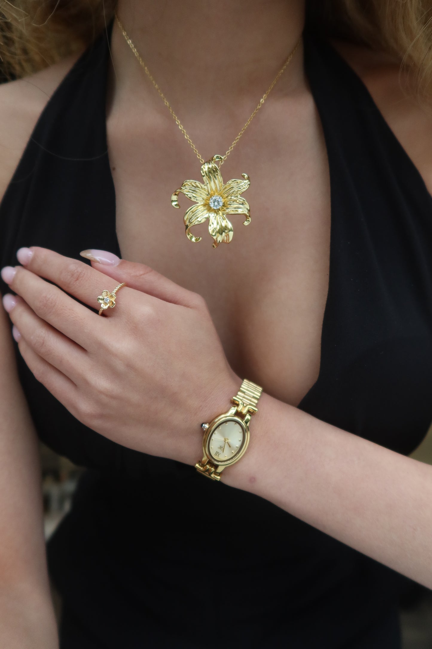 Close-Up Model of 24K Gold Filled Sampaguita Flower Ring, size 40 mm known for Healing, Strength and Positivity.by DBL JEWELRY. With Gold Watch