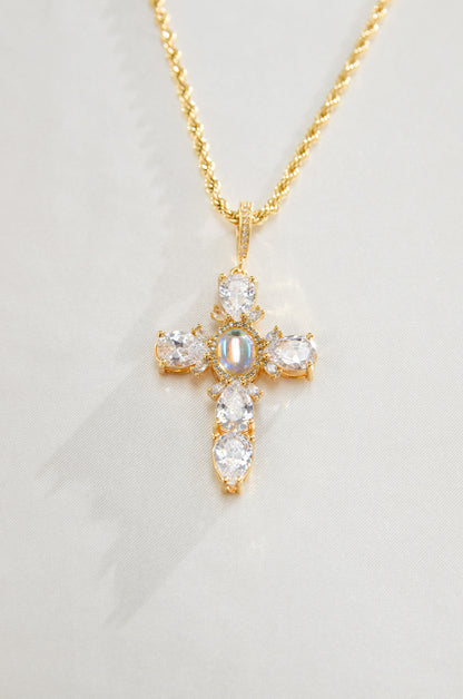 DIAMOND MOONSTONE CROSS NECKLACE