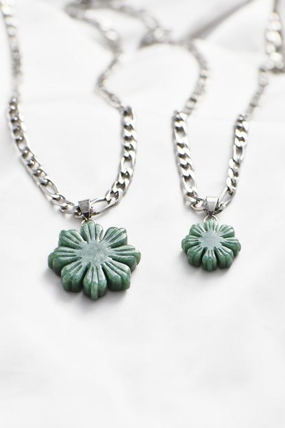 Two Silver Jade Mabuhay Sun Necklaces on white background. By BL Jewelry