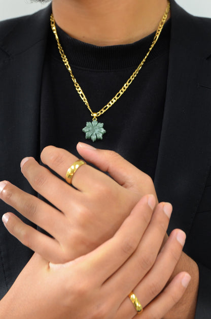 Gold Jade Mabuhay Sun Necklace on model. By DBL Jewelry