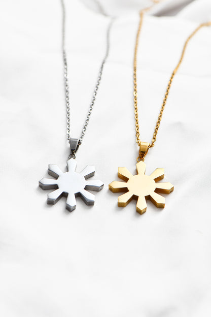 18k Gold Plated & Stainless Steel Silver Mabuhay Sun Necklaces, they feature Waterproof & Non Tarnish capabilities. By DBL Jewelry