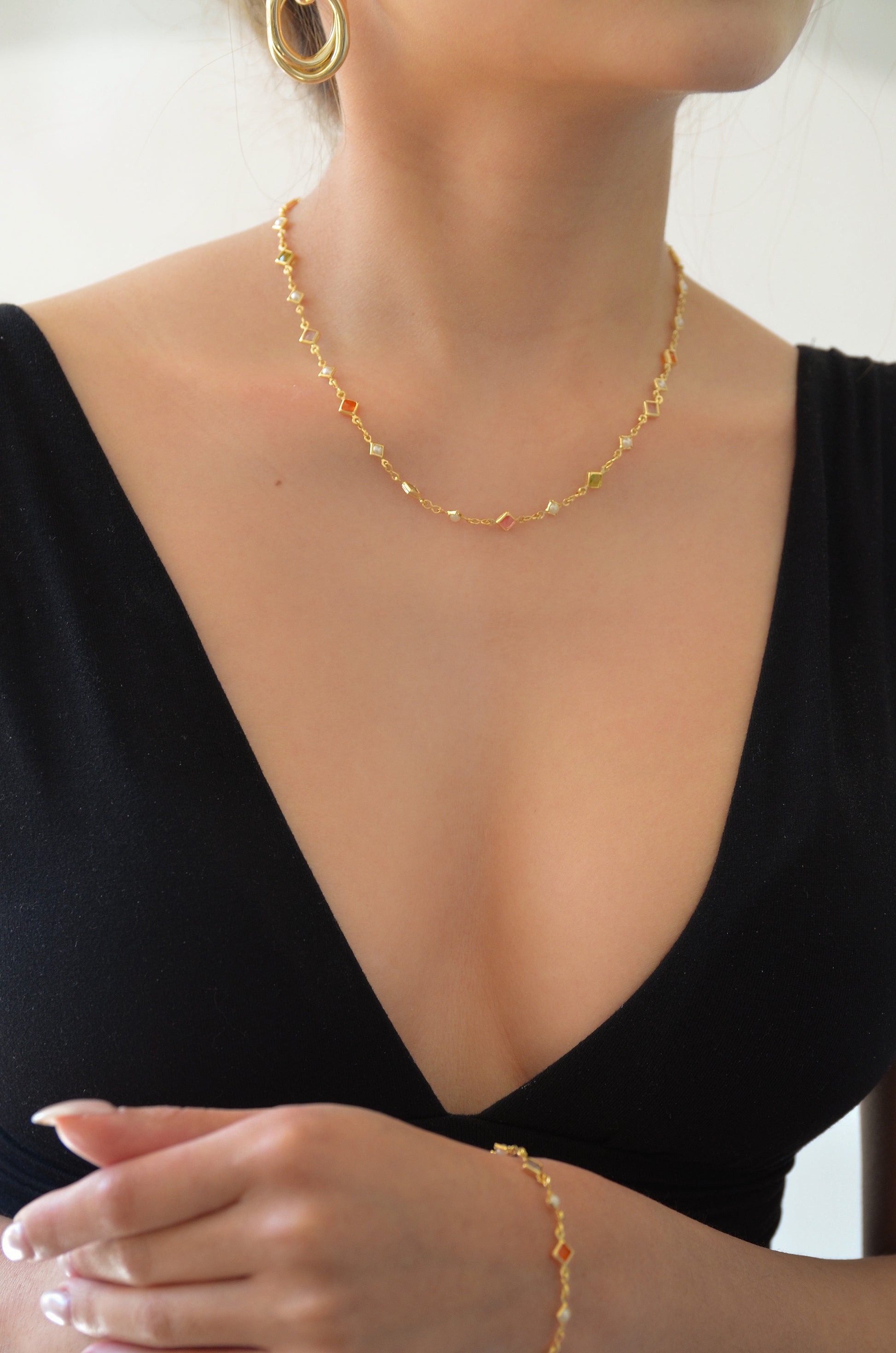 Halo Halo crystal pearl necklace on model with Halo Halo collection set. By DBL Jewelry
