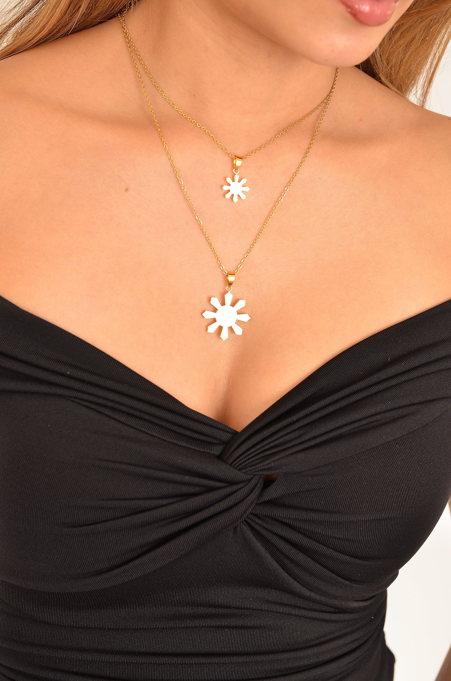 Mini & Classic Gold Mabuhay Sun's on model, Waterproof & Non Tarnish. By DBL Jewelry