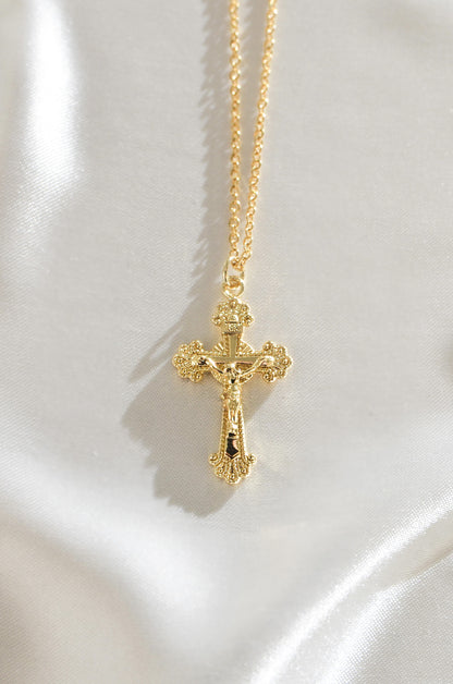 18K Gold Filled Manila Cross Necklace ON a white background, features Non Tarnish capabilities. By DBL Jewelry 