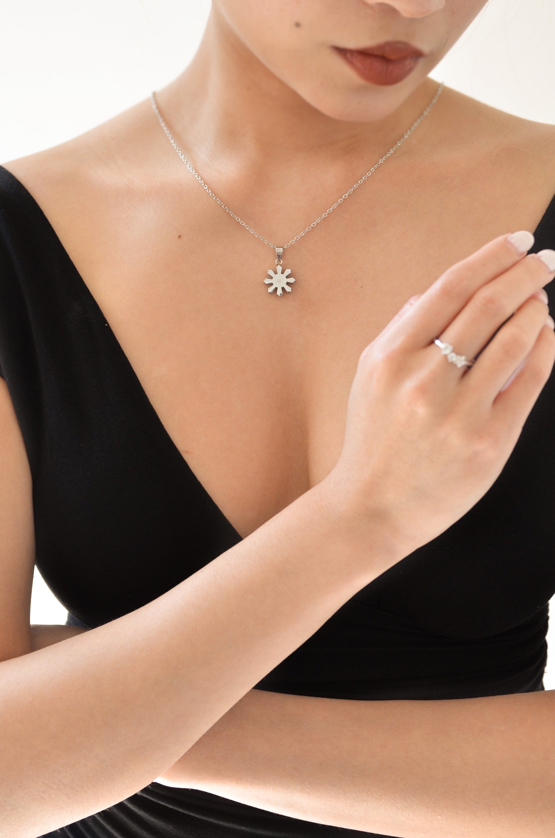 Silver Stainless Steel Mabuhay Sun Necklace on model, made by DBL Jewelry