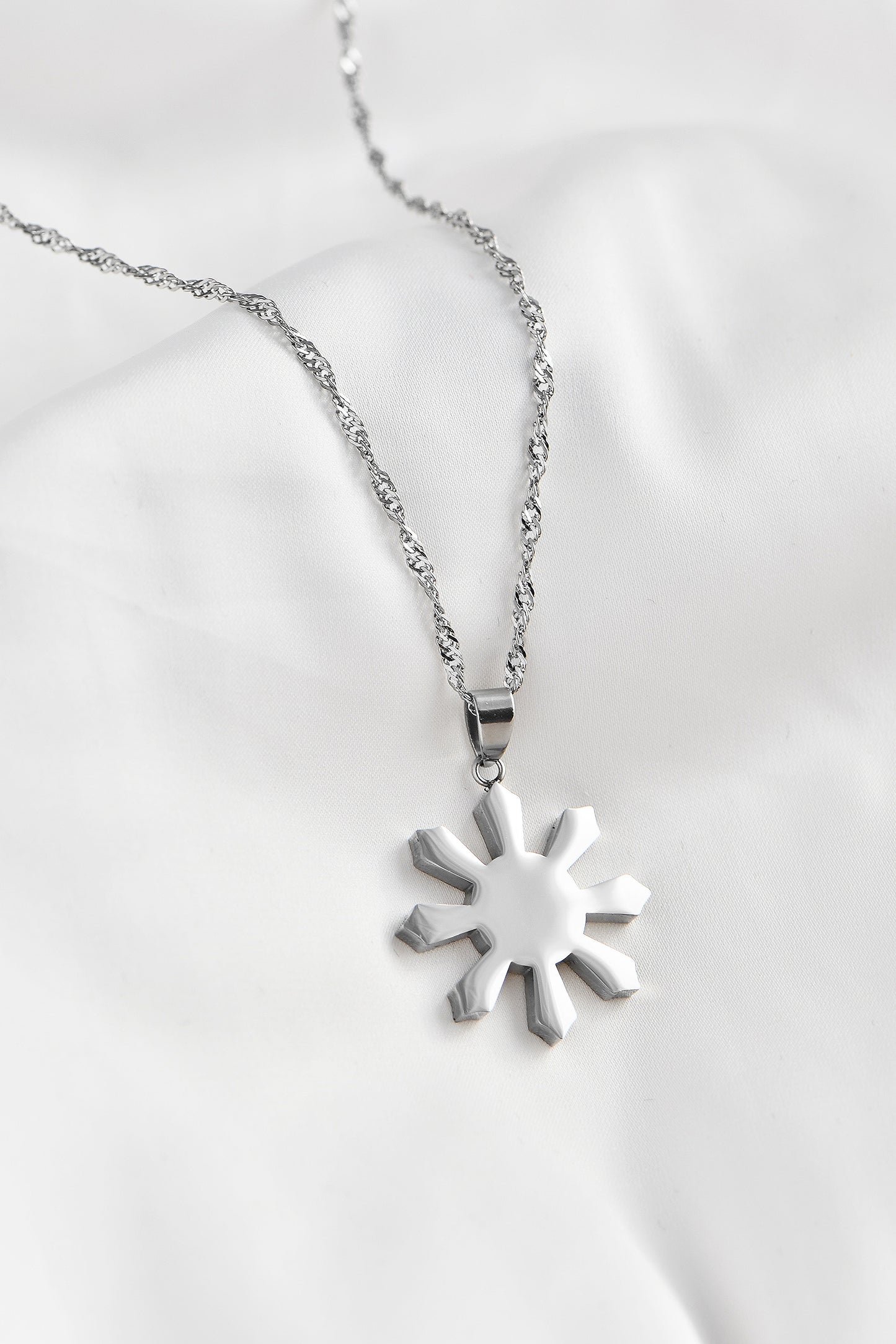 Silver Stainless Steel Mabuhay Sun Necklace on white background. Waterproof & Non Tarnish. By DBL Jewelry