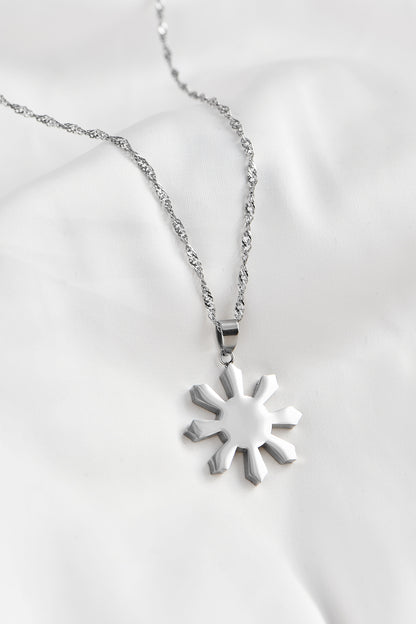 Silver Stainless Steel Mabuhay Sun Necklace on white background. Waterproof & Non Tarnish. By DBL Jewelry