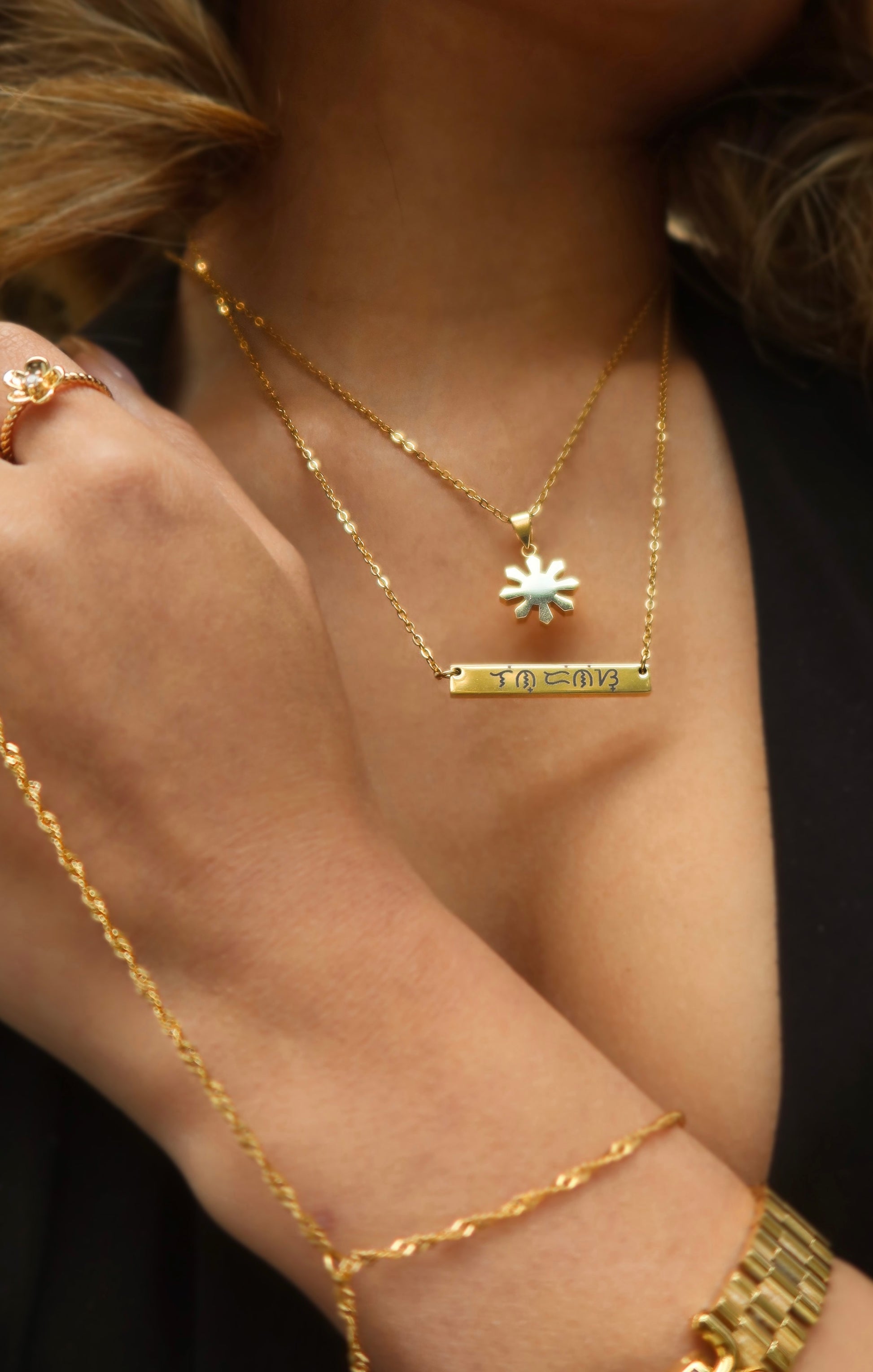 18K Electroplated Gold Stainless Steel Baybaying filipino script custom necklace set, piece of Filipino heritage as Baybayin is the ancient Filipino Writing System. Unisex Piece for Filipino Men and Women waterproof and Non-tarnish. by DBL Jewelry.