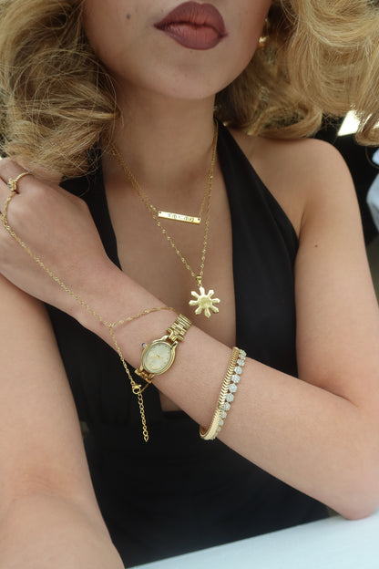 18K Electroplated Gold Stainless Steel Baybaying filipino script custom necklace close up, piece of Filipino heritage as Baybayin is the ancient Filipino Writing System. Unisex Piece for Filipino Men and Women waterproof and Non-tarnish. by DBL Jewelry.