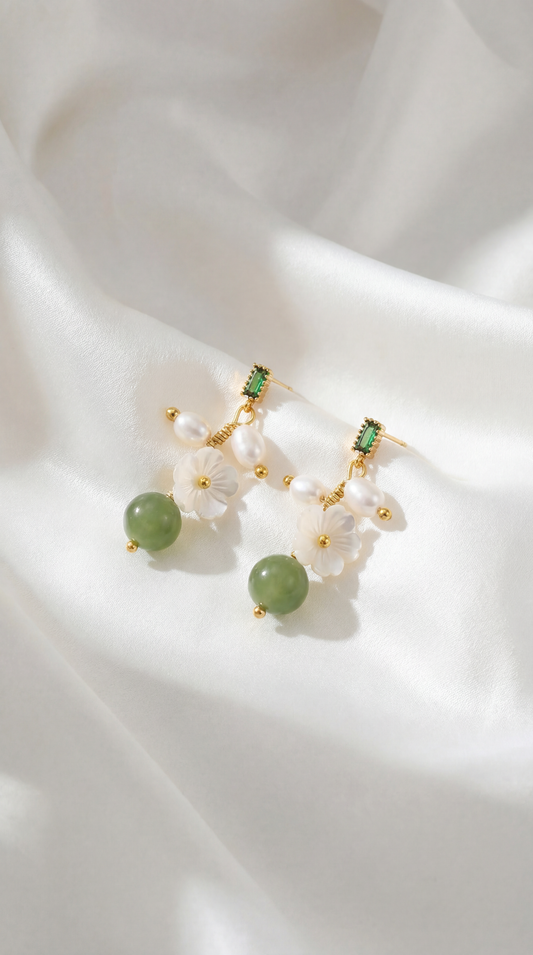 PEARL JADE SAMPAGUITA FLOWER EARRINGS
