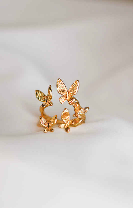 18K gold plated Paru Paro Ring on white background, elegant Filipino-inspired butterfly jewelry for transformation and luck. by DBL JEWELRY.